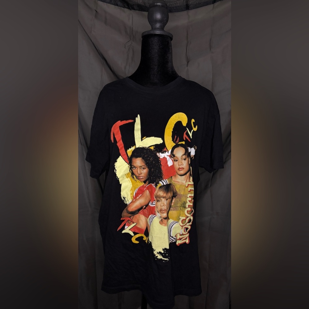 TLC Black Tee with Vibrant Red and Yellow Design
